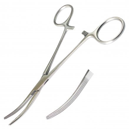 Затискач кровоспинний по Rochester-Carmalt, поздовжня насічка, зігнутий. Довжина 16 см